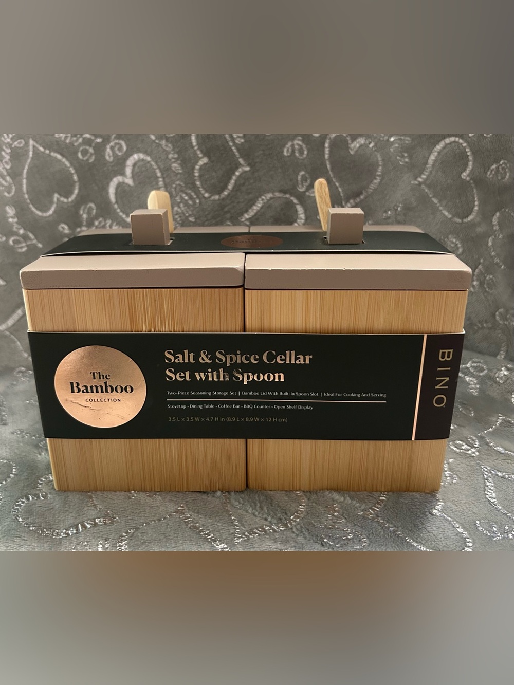 NWT Bino Bamboo Collection, 6oz, Clay Tan, Salt & Spice Cellar Set with Spoons